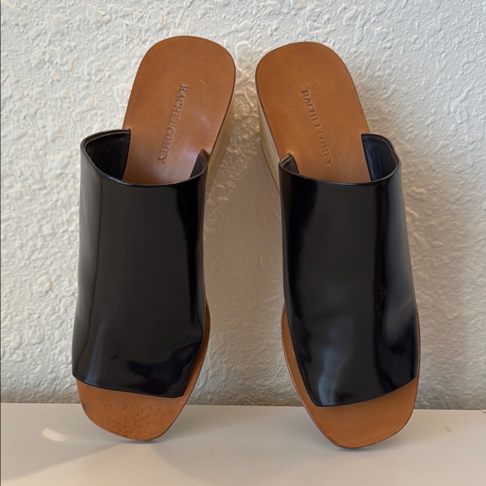 Rachel Comey Black Leather Wedge Mules with Wood Heel - Picture 2 of 7